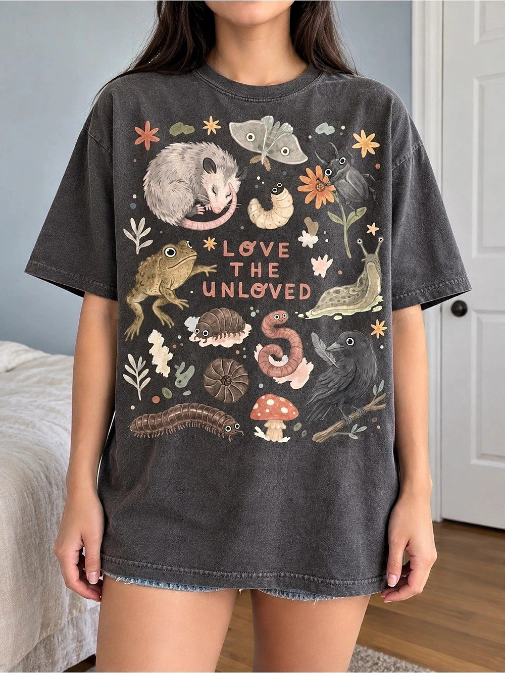 Love The Unloved Opossum Frog Mushroom Graphic Tee Washed Charcoal Goblincore